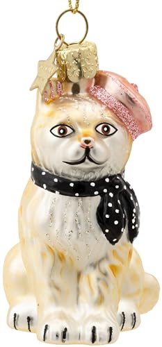 SIKORA BS596 Katze mit Barett und Schal Christbaumschmuck Glas Ornament Weihnachtsbaum Anhänger