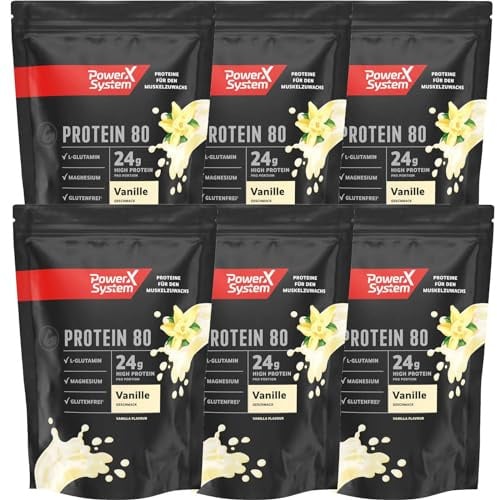 Power System Protein 80 Vanille, Eiweißpulver mit L-Glutamin, 6 x 360 g | Mehrkomponenten-Proteinpulver mit 24 g Eiweiß je Portion, Magnesium und Vitamin B6, zuckerarm und vegetarisch