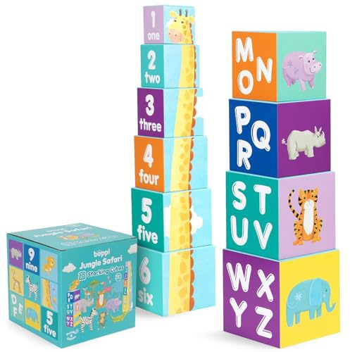boppi Stapelwürfel Spielzeug mit Dschungeltiere Buchstaben Zahlen, Montessori Würfel Stapelspielzeug ab 1 Jahr Stapelturm als Motorikspielzeug Stapelspiel ab 1 Jahr Buchstaben Würfel Set
