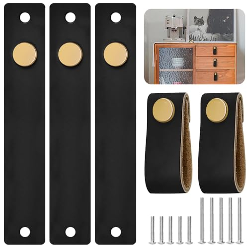 LPAMABA 10er Set Möbel Ledergriffe Leder Möbelgriffe Möbelknöpfe Leder Schrankgriffe Schrank Knöpfe Ledergriffe für Schubladen Küchenschränke Kleiderschrank Mit Schrauben Schwarz