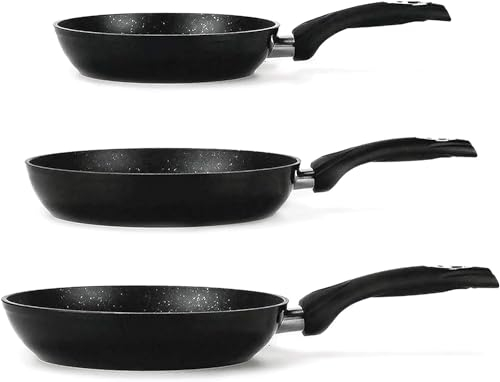 Royalty Line - Set di 3 padelle con rivestimento in marmo, diametro 20 cm, diametro 24 cm, diametro 28 cm, colore: Nero