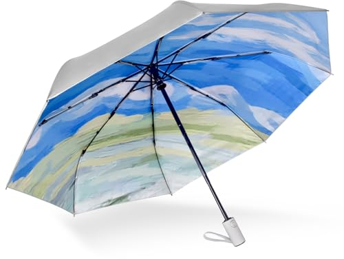 CUBY UV-Sonnenschirm, kompakt, faltbar, Reise-Regenschirm, automatisches Öffnen und Schließen, winddicht, regenfest, 99,9% UV-Schutz, Sonnenschirm mit silberfarbener Anti-UV-Beschichtung
