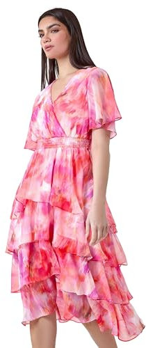 Roman Originals Frill Dress for Women UK Ladies Summer Wrap Chiffon Frill Hem Layered Belted Midi Maxi Tiered Cape Special Occasion Fit & Flare Wedding Guest Swing Skater - Pink & Multi - Size 10