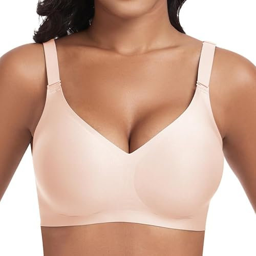 Cavotor Women Seamless Bra Non Wired Push Up Support Bras for Saggy Breasts Wireless T Shirt Soft Comfort Ladies V Neck Padded Bralettes with Extender (Beige,XL)