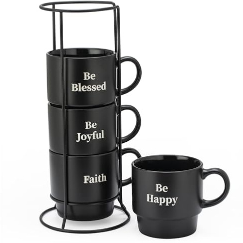 Signature Housewares Be Happy Stackable Stoneware Coffee Mug Set with Metal Rack - 15 Ounce Coffee Mugs for Coffee, Tea, Hot Chocolate, Milk, Set of 4, Matte Black
