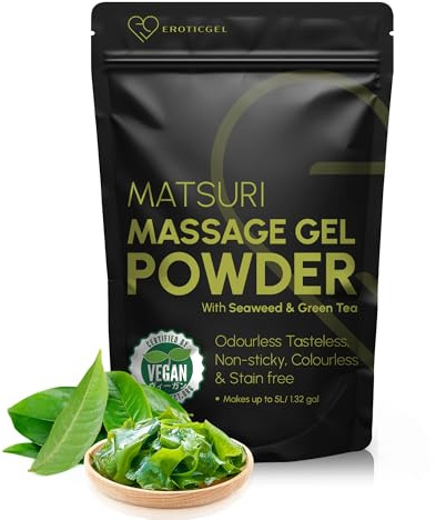 Japanisches Massage-Gel-Pulver „Matsuri“ 50 g, wiederverschließbar, 5 l | Seetang & grüner Tee, made in Japan. Vegan, parfümfrei, wasserbasiert, nicht klebrig. Wiederverschließbar. Ergibt 5 Liter.