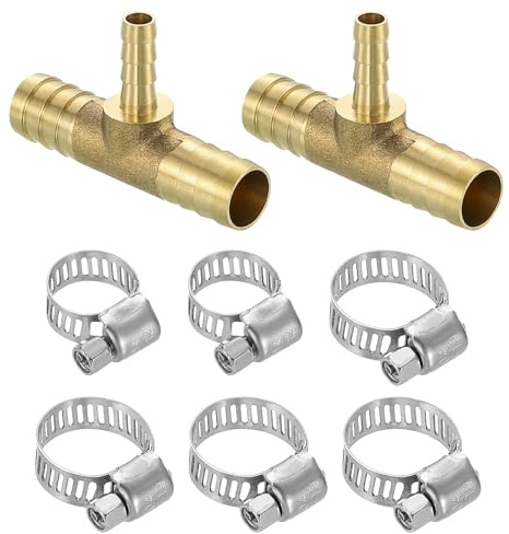 QUARKZMAN 2 Stück Messing Schlauchverbinder Schlauchstutzen, 3-Wege-T-Stück Wasseranschluss 1/2 x 1/4 x 1/2 Reduzierstück mit 6 Stück Schlauchschellen für Wasser Kraftstoff Luft