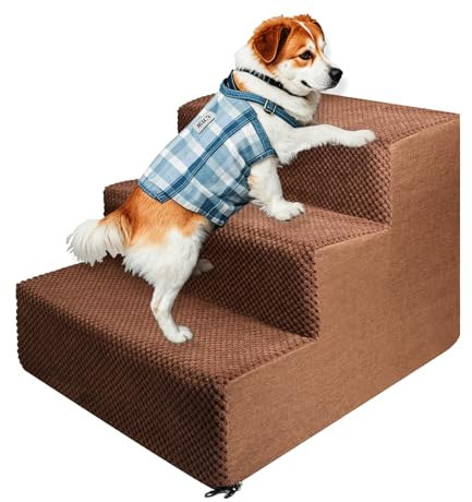 Haustiertreppe für Kleinen Hunde und Katzen, Abnehmbare Waschbar Hundetreppe Katzentreppe aus Schwamm mit Reißverschluss Plüschbezug, Tragbar Haustiertreppe für alte Hunde (3 Stufen Braun)