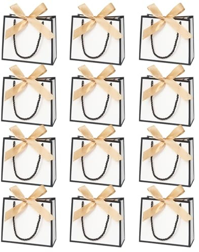12 Stück Mini Geschenktüten Mit Henkel, Kleine Weiße Geschenktüten Für Geburtstag Hochzeit (14× 6× 12cm), Goldene Schleifen