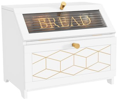 HOLTICO Wooden Bread Bin, White Bread Bin Double Layer with Transparent Window, Breadbox Large Bread Bins for Kitchen Countertop Food Storage