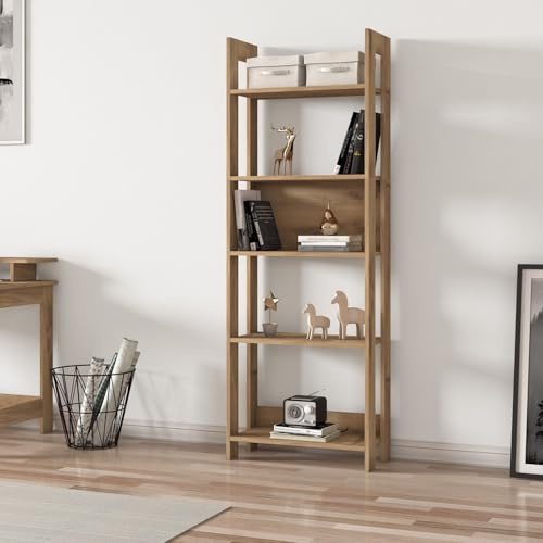 Hanah Home Stylish Oak Bookshelf, 64 cm W x 180 cm H x 30 cm D | 100% Melamine Coated Particle Board, 18 mm Thick | Wall-Mountable, Multiple Shelves for Modern Spaces