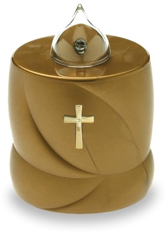 AROBA LED Grabkerze Trauerlicht - Flackereffekt wie echte Kerze - lange Brenndauer bis 200 Tage - wiederverwendbar Friedhofskerze Gedenkkerze Dauerkerze - gold Heiliges Kreuz