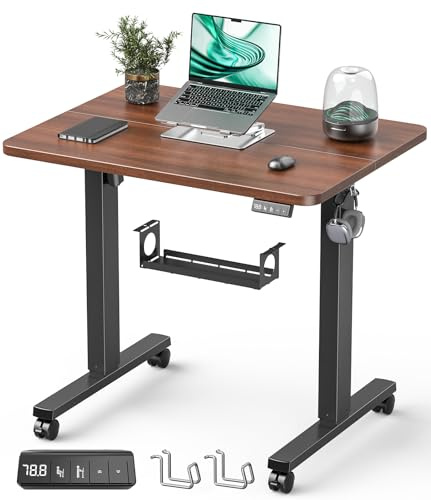 Xyndyx Höhenverstellbarer Schreibtisch 80 x 60 cm, Schreibtisch Höhenverstellbar Elektrisch für Home & Office, 2-teilige Tischplatte, Walnuss