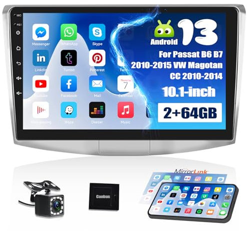 SIXWIN 2+64G Android 13 Autoradio für VW Magotan/CC Passat B7/B6 2010-2015 mit Mirrork Link,10.1 Zoll Touchscreen mit Bildschirm WiFi/GPS/Bluetooth/FM/USB/EQ+Rückfahrkamera