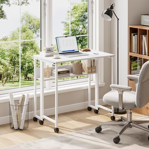 Dripex Folding Desk with Storage Shelf, Small Rolling Desk on Wheels Mobile Couch Sofa Bed Side Table for Home Office Small Space, White