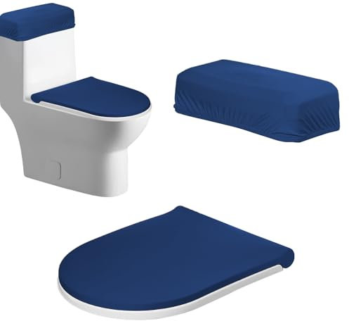 Juego de 2 fundas para tapa de tanque de inodoro, tapa de inodoro y tanque, funda para asiento de inodoro de baño con parte inferior elástica, paquete universal de 2 (azul)