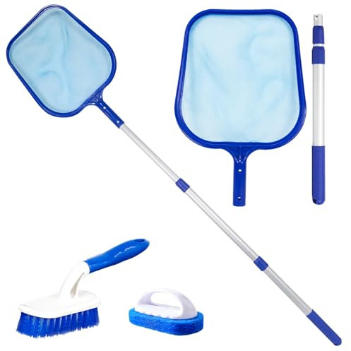 Hot Tub Cleaning Kit Accessories, Pool Skimmer Net Pool Net Ultra Fine Mesh Net with Telescopic Pole Pond Skimmer with Paddling Pool Brush, Scrubber Pad for Garden Pond Fountain Hot Tub Spa Fish Tank