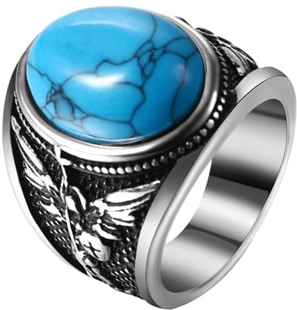 OIDEA Herren Ring St. Michael Steine: Oval Türkis Tigerauge Obsidian Stein Siegelring Edelstahl Retro Bandring Christlich Herrenring Vintage Schmuck Geschenk für Männer Junge Größe 57-70