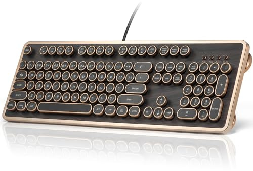GLENCREAG RK104 Clavier mécanique rétro filaire pleine grandeur 104 touches avec touches rondes pour machine à écrire, grain de bois, N-Key Rollover, commutateurs linéaires verts, programmables QMK