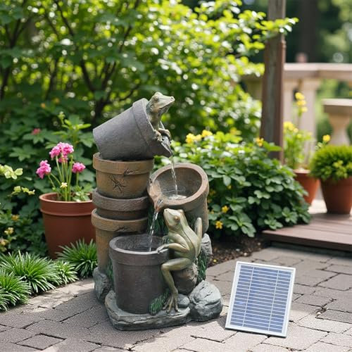 Bumilgar 69cm Outdoor Solar Fountain Waterfall, 3 Layers Frog Water Feature water features for the garden with LED Lights for Garden, Terrace, Backyard, Deck, Porch and Outdoor Decoration.