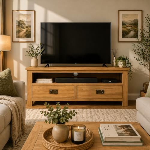Home Furniture Group Ltd Oakcroft Large TV Unit – Rustic Wood 2 Drawer Entertainment Stand with Open Shelf – Fully Assembled Country Rustic Cabinet