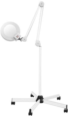 LKHDONG 8X Lupenleuchte 125MM Lupenlampe mit Standfuß, 8 Dioptrien Lupe mit Licht Standlupe Arbeitsleuchte Kosmetiklampe mit Rollstativ Weiß Lampe Beauty Salon (8X)