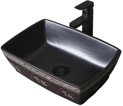 Lavandino Bagno Lavandino da bagno in ceramica, nero 47 * 32 * 15 cm, lavabo da appoggio con rubinetto e scarico, rettangolare Lavabo da Appoggio
