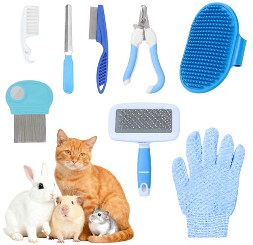 Kit de Toilettage pour Lapin, 8 Pièces, Bleu | 2 Peignes à Puces, Coupe-ongles, Brosse Massage, Gant Toilette, Pour Lapins Chiots Chatons Cochons d'Inde