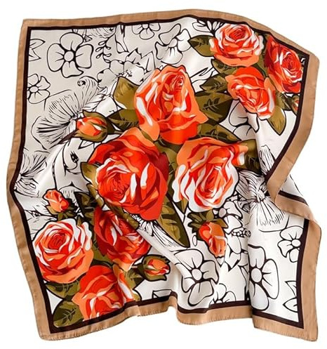 GIMIRO Foulard pour femme 70 x 70 cm en soie simulée fleurs écharpe cravate, bandana pied-de-poule, Roses blanches et oranges XX-141, 70cm x 70cm