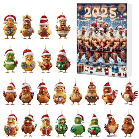 GTFYUDGH Adventskalender Christbaumschmuck, 24 Tage Hühner Countdown Kalender, 2D Acryl Niedliche Küken Anhänger Tier Charm Weihnachtsbaum Auto Innenspiegel Wand Tür Fenster Deko Kinder Erwachsene