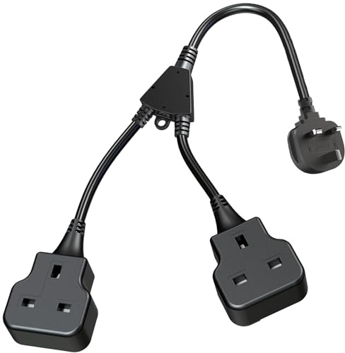 Double Socket Extension Lead, 2 Gang Short Extension Lead with Plug UK, Heavy Duty Y Splitter Power Cable Plug Extender 13A Outdoor Socket for Home Kitchen Office Outside Garden, Black 1M (0.7+0.3m)