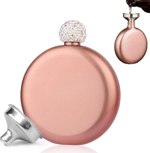 5 Oz Hip Flask, Pink Rose Gold Sparkling Hip Flasks for Women, Pocket Stainless Steel Hip Flask Round with Funnel, Luxury Pocket Flask Alcohol Flask for Drinking Hiking Barbecue Camping Bar Birthday