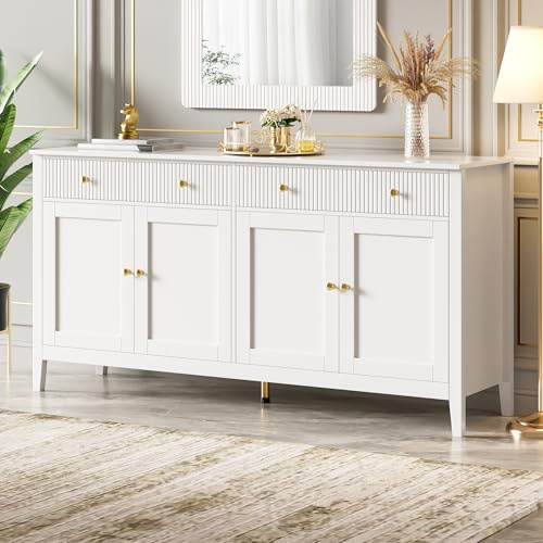 Sideboard Weiß, stilvoll, mit 2 Schubladen, 4 Türen, goldenen Griffen, großzügigem Stauraum, Elegantes Buffet für Küche, Esszimmer, Wohnzimmer