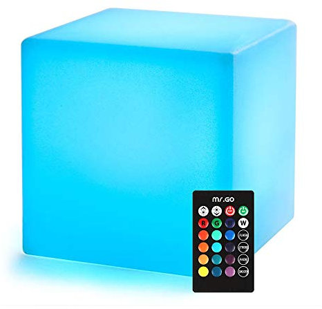 Mr.Go 8 LED Cube Light Color Changing Lamp Mood Light with 16 Colors, Dimmable Brightness, 4 Lighting Modes for Indoor & Outdoor Decoration, Rechargeable Night Light Bedside Lamp with Remote
