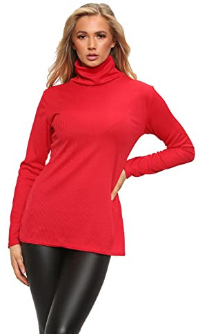 Womens Polo Turtle High Roll Neck Plain Ribbed Long Sleeve Ladies Stretch T-Shirt Top Red Size 20 - 22 (XXL)