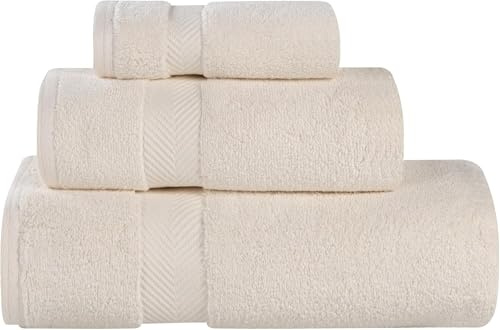 SUPERIOR Zero Twist 100% Cotton Towel Set, 3-Piece Set, Extra Soft Bath Towel, Face Towel and Hand Towel, Long-Staple Cotton Towels, Ivory
