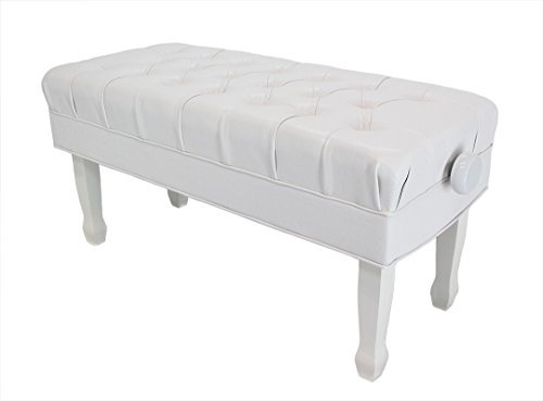 Concerto Duet Polished White Cushioned Leatherette Piano Stool Bench - Adjustable with Self Storage