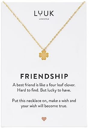 LUUK LIFESTYLE Filigrane Damenkette mit Kleeblatt Anhänger, minimalistisches Modeaccessoire, FRIENDSHIP Spruchkarte, Geschenk für beste Freundinnen, Gold