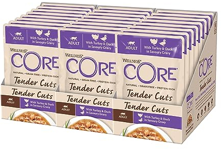 Wellness CORE Tender Cuts, Pute & Ente, 24 x 85 g, Premium Nassfutter für ausgewachsene Katzen in Sauce, ohne Zuckerzusatz, getreidefrei, mit hohem Fleischanteil