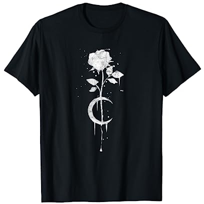 Vintage Occult Moon Rose Geschenk Mond ORIGINAL Occult Motiv Retro Gothic T-Shirt Damen, Erwachsene Unisex Kurzarm Klassische Passform Crew-Ausschnitt Schwarz M