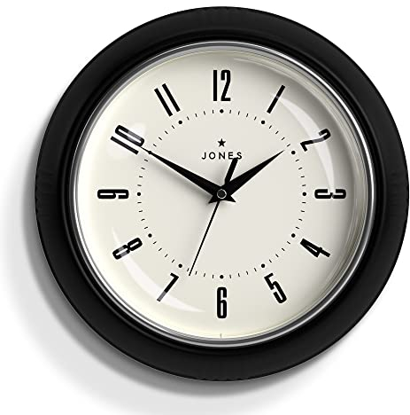 Jones Clocks® Ketchup wall clock | Retro round clock | 25cm | Black | Easy to read numbers | Perfect for kitchen or office