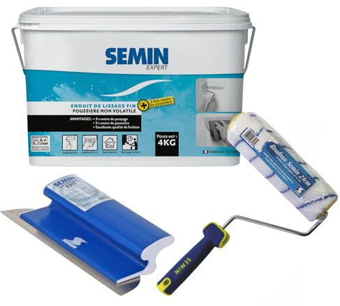 Semin Enduit de Lissage pour Finition des Murs - 3 Fois Moins de Ponçage - Intérieur - Seau de 4 kg, Rouleau - 23 cm et Lame pour Enduire et Lisser - 25 cm