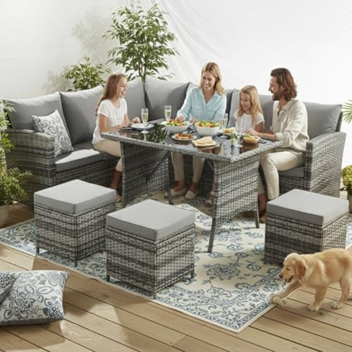 BIRCHTREE PE Rattan Garden Furniture Set Sofa Chair Foot Stool Table Glass Coffee Table 9 Seater Cushion Outdoor Patio Conservatory RFS04 Grey
