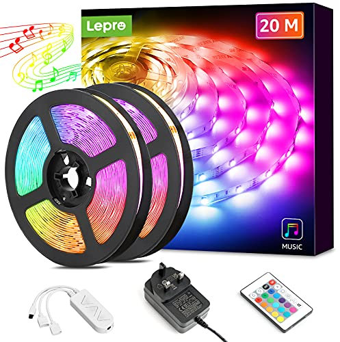 Lepro LED Strip Lights Music Sync 20M (2x10M), 5050 RGB Colour Changing LED Strip with Remote and Plug, Dimmable Stick on LED Lights for Bedroom, Kitchen, Party, Teen Girl Kids Room Decor