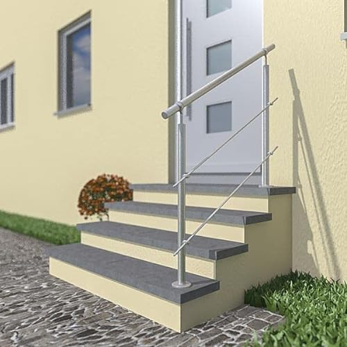 Edelstahl Treppengeländer/Außengeländer, 1m lang, 0,9m hoch, Aufmontage, je 2 Pfosten + Handlauf mit Kugelring + 2 Querstäbe + Zubehör, Winkelverstellbar (L:1000mm H:900mm)