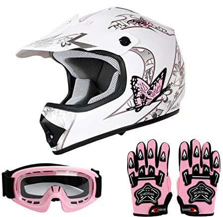 SLMOTO Casco per bambini con motivo a pois, motocross, fuoristrada, casco da moto, motocross, ATV, rosa farfalla, casco, occhiali e guanti, taglia M