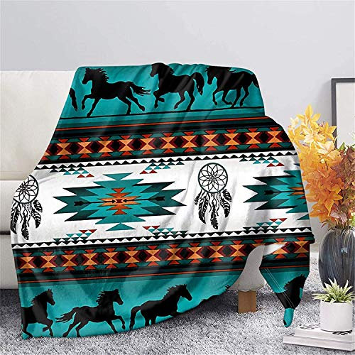Binienty Luxuriöse Bettwäsche für Kinder und Erwachsene, Navajo Aztekenpferd, Traumfänger, türkis-Druck, weiche Fleece-Überwurfdecke