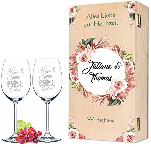 Leonardo Weingläser mit Gravur - Pink & White Roses Design - Personalisiert mit Namen & Datum inkl. Holzkiste - Geschenk zur Hochzeit Verlobung Jahrestag - Farbe: Kleine Kiste UV