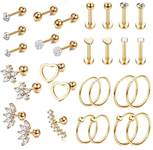 KALVICA 30 Stück 16G Tragus Ohrringe für Damen Männer Edelstahl Helix Piercing Knorpel Ohrpiercing Ohrstecker Conch Barbell Knorpel Creolen Piercing Labret Ohrringe