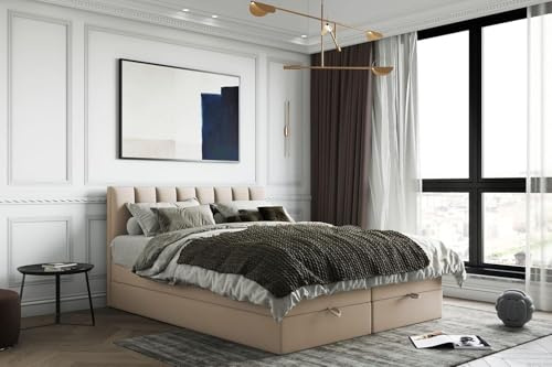 TRADA Boxspringbett, 200 x 200 cm, Gusto, Beige | Bett mit Topper aus Memory Visco und Bettkasten mit Gasautomaten